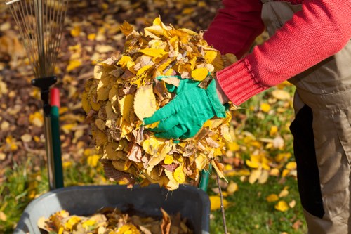 A person wearing a red sweater and green gloves is gathering a dense pile of yellow and brown autumn leaves. The leaves appear fresh and dry, and are being collected into a black wheelbarrow with silver handles, positioned on a grassy area. In the background, there are more fallen leaves scattered on the ground, a garden rake with a red and black handle leaning against a pole, and some greenery. The scene is outdoors, likely during autumn, and reflects clearing debris from a garden or outdoor space, which aligns with rubbish removal services offered by Office Clearance Hoxton in the local Hoxton area.