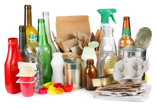 A collection of various discarded items including glass bottles in green, brown, and clear, a red plastic bottle, a white ceramic vase, metal cans, and a spray bottle with a green nozzle, all arranged on a plain surface. Among the trash are crumpled papers, cardboard packaging, and plastic containers, some stacked or leaning against each other. The background is neutral, emphasizing the mixture of household waste materials. The scene depicts typical rubbish that a professional waste clearance service, such as Office Clearance Hoxton, would handle during domestic or office clearance projects in the Hoxton area, located within postcode regions serving central London. Natural lighting highlights the different textures and colors of the waste, from smooth glass to crumpled paper and crinkled foil, presenting a realistic view of waste items awaiting disposal or collection by rubbish removal specialists.